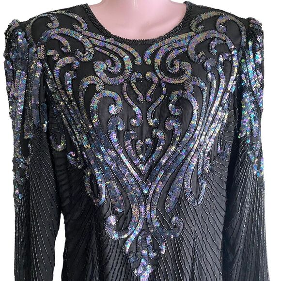 Vintage Patra Dress Womens 12 Black Sequined Long Sleeve Party 80s Glam - Picture 3 of 8